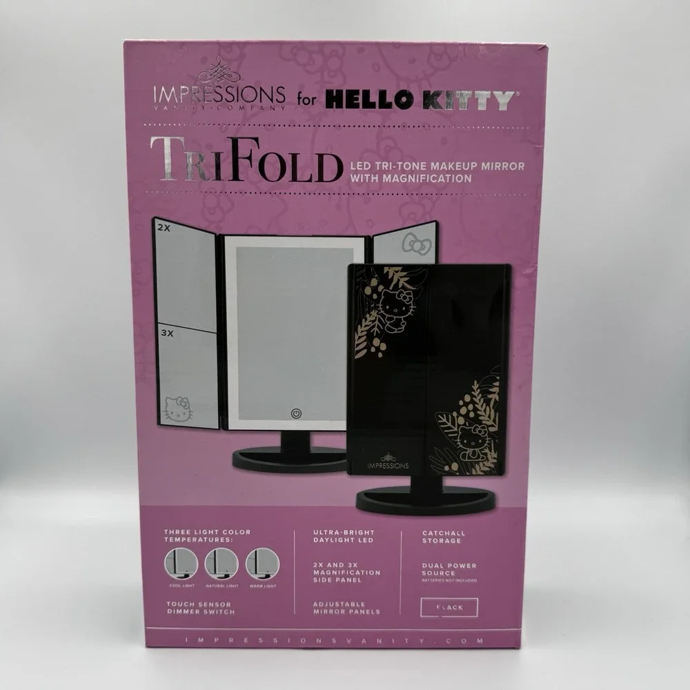 Hello Kitty Tri-Fold LED Tri-Tone Makeup Mirror with Magnification - Great Cond!